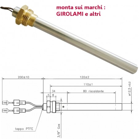 RESISTENZA CANDELETTA STUFA A PELLET 12,5mm Totale 12cm  GIROLAMI - 235W